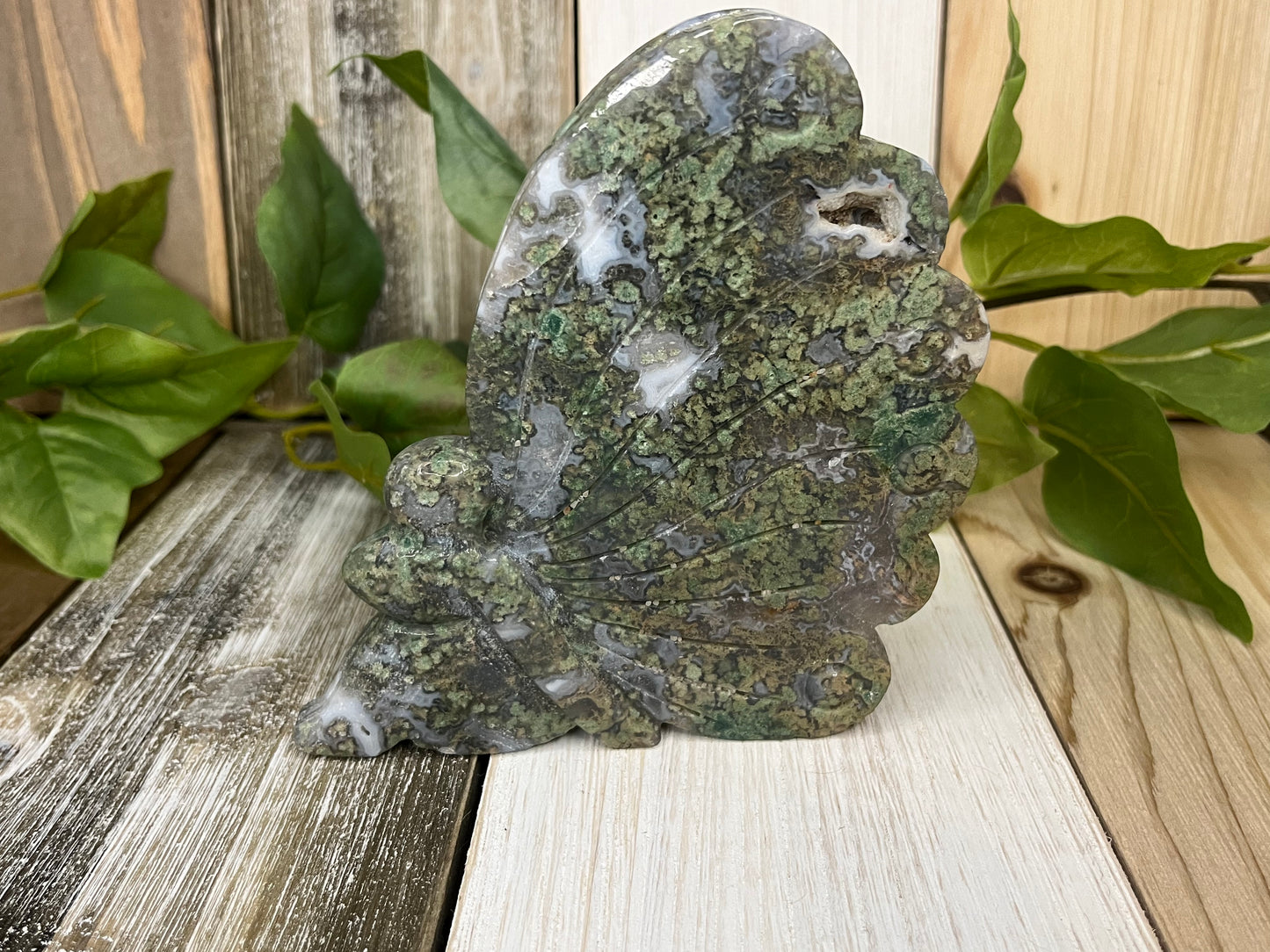 Moss Agate Fairy Wings Carving