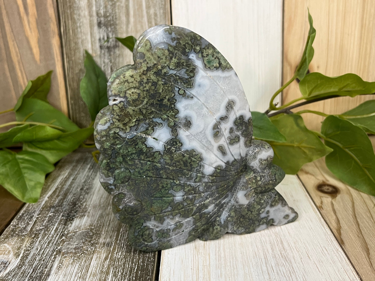Moss Agate Fairy Wings Carving