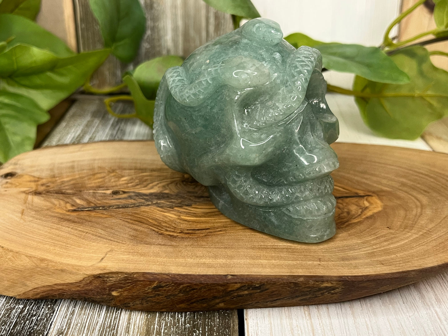 Green Aventurine Skull & Snake Carving