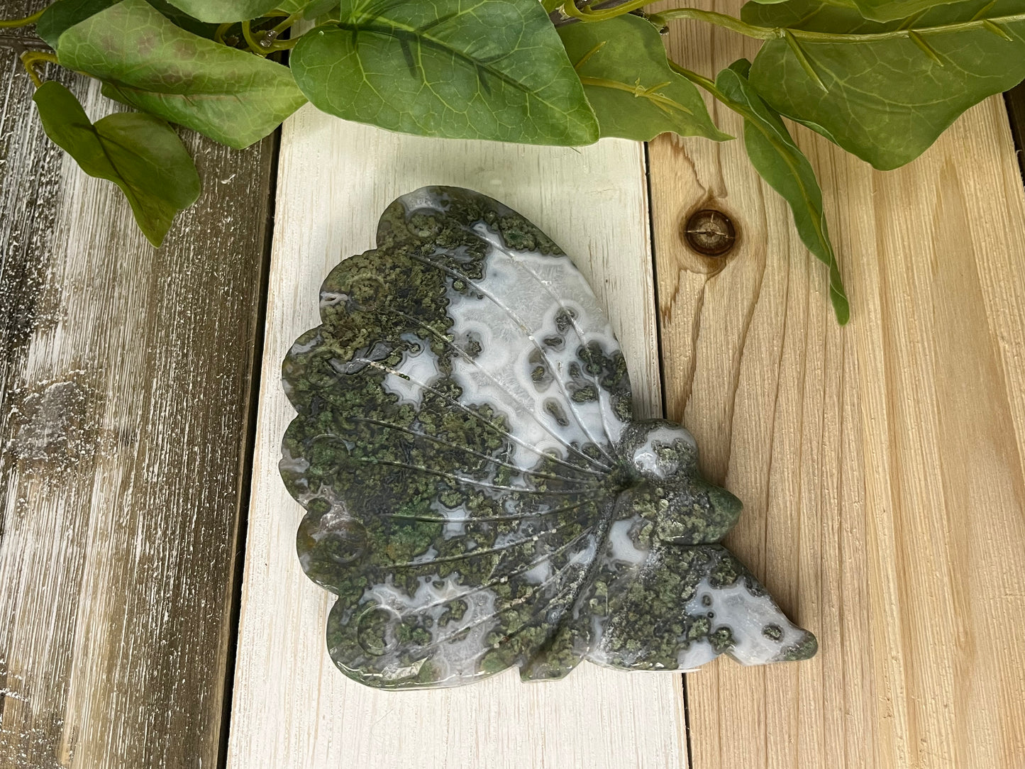 Moss Agate Fairy Wings Carving