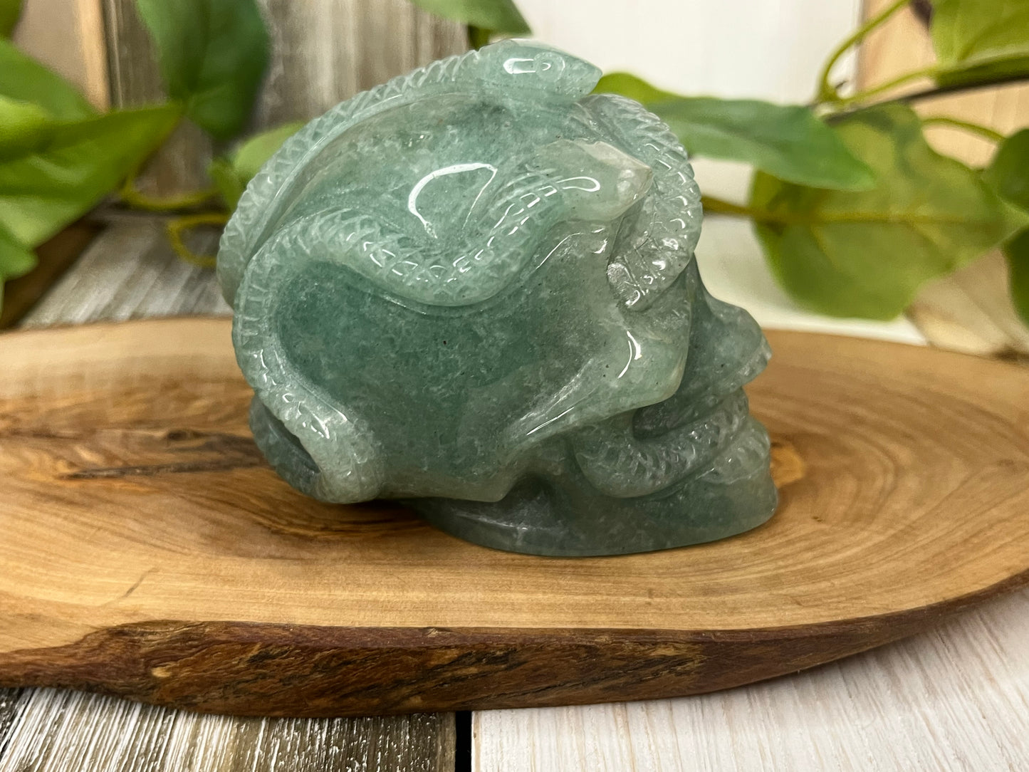 Green Aventurine Skull & Snake Carving