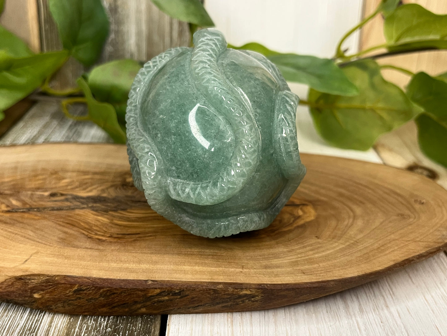 Green Aventurine Skull & Snake Carving