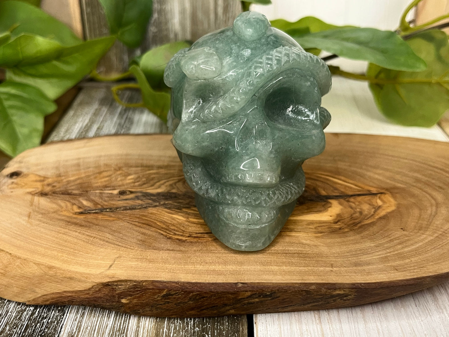 Green Aventurine Skull & Snake Carving