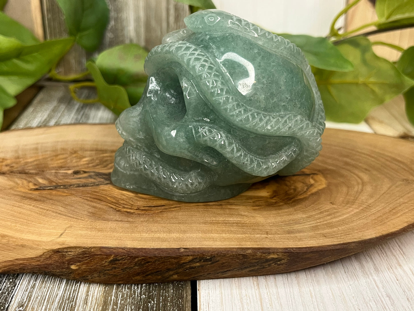 Green Aventurine Skull & Snake Carving