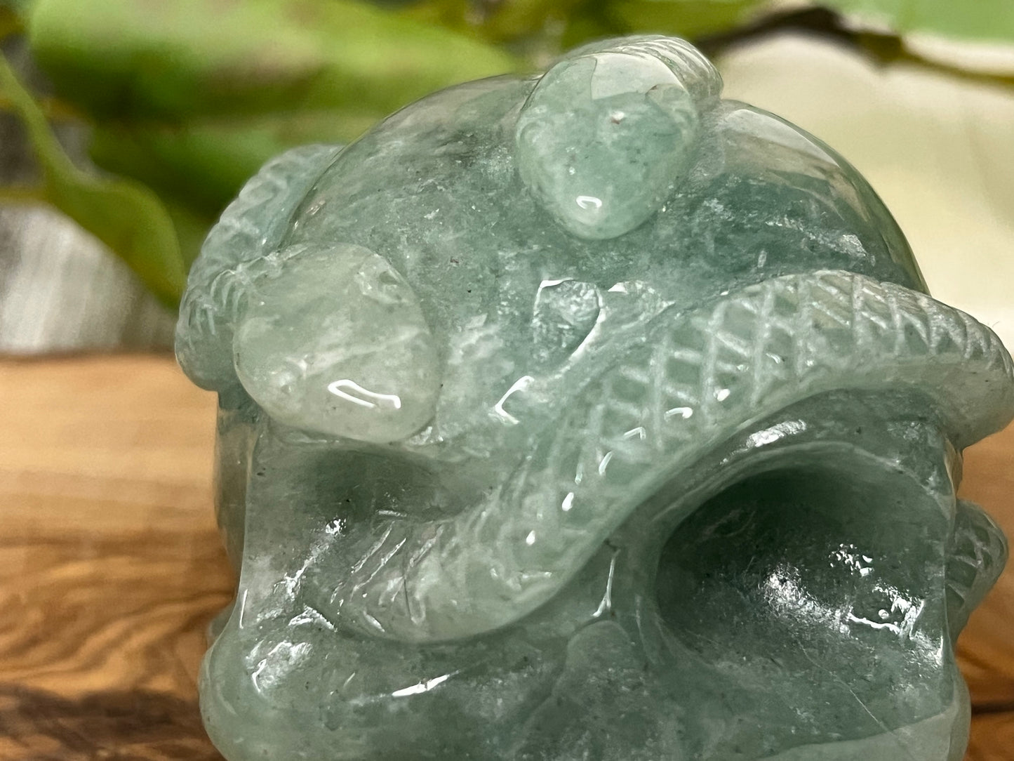 Green Aventurine Skull & Snake Carving